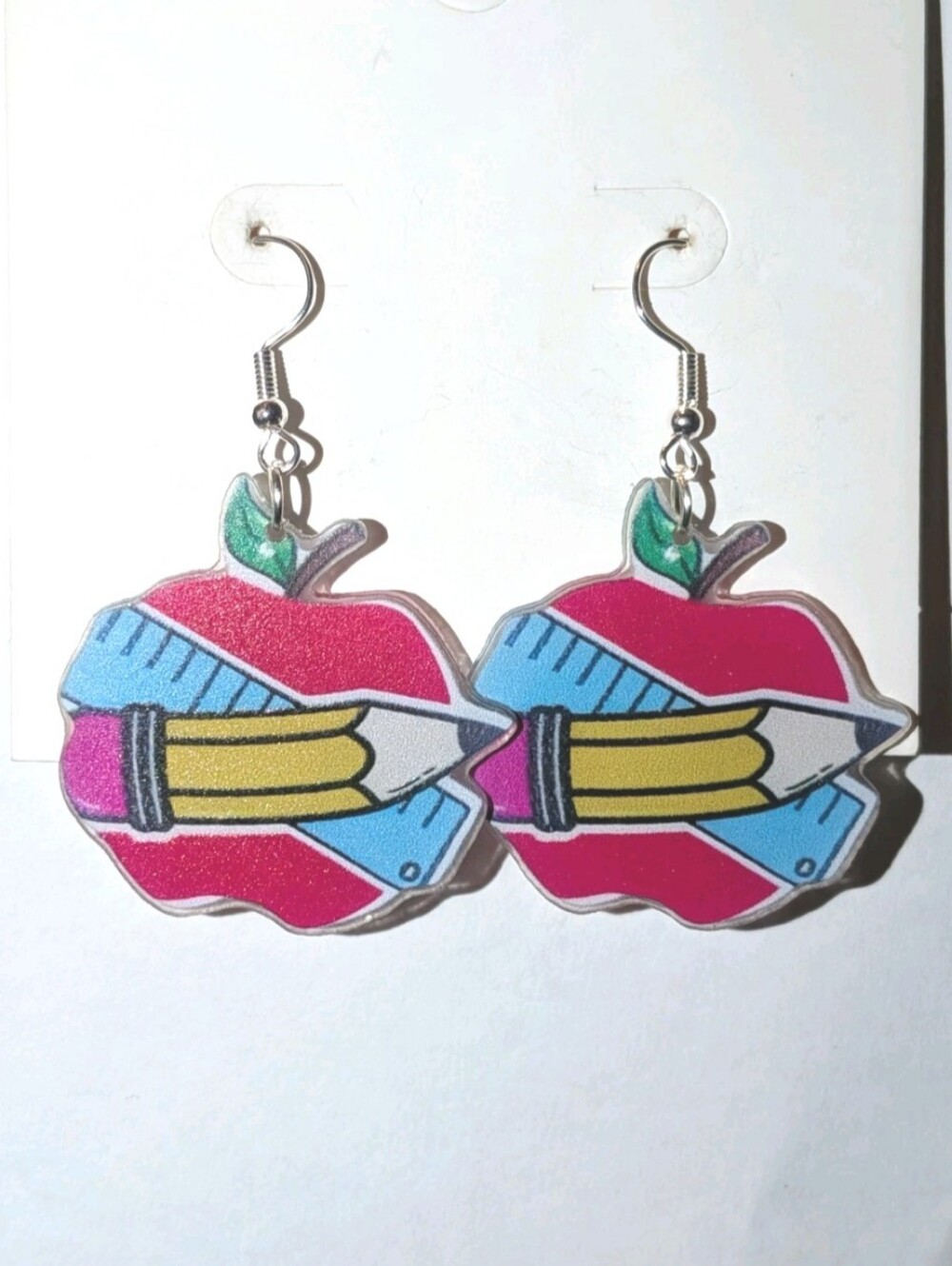 Hand Crafted Women/Kids Red Apple & Pencil Dangle Earrings - Picture 4 of 7